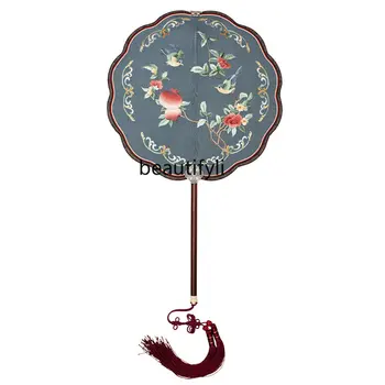 Архаичный круглый веер yj Suzhou, ручная вышивка, Винтажный шелковый веер для храма, Китайский двусторонний веер для вышивания.