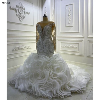 AM1261 Свадебное платье русалки с длинным рукавом и рюшами из кристаллов