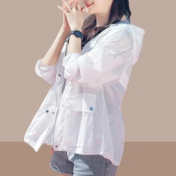 Женская куртка 2023, Новая Весенне-летняя Корейская куртка с капюшоном, Солнцезащитная одежда средней длины, топ для занятий спортом на открытом воздухе с защитой от ультрафиолета