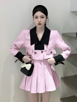 Высококачественный Французский винтажный небольшой аромат, комплект из 2 предметов, Женская короткая куртка, пальто + юбка, Корейский модный милый костюм-двойка