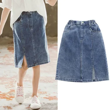 Синяя джинсовая юбка для летней девочки, детские юбки длиной до колен, повседневные джинсовые штаны на пуговицах спереди для девочек-подростков, джинсовые юбки для маленьких детей