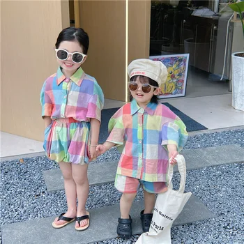 Летняя одежда для малышей в корейском стиле, комплекты для брата и сестры, футболка, шорты, разноцветный хлопок с отложным воротником