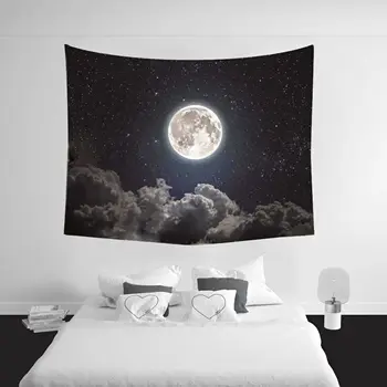 Настенный гобелен с Луной и звездами Галактика Гобелен Вселенная Звездное Ночное небо и белые облака Гобелен Темно-синий Психоделический художественный декор