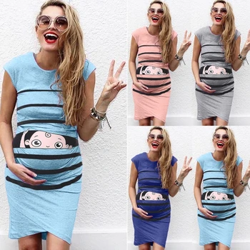 Maternity Summer Funny Dress Striped Print  Sleeveless Pregnant Clothes Grossesse футболка женский