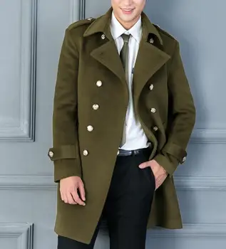 Осенне-зимнее новое двухрядное ретро-милитари-зеленое Длинное шерстяное пальто высокого класса для делового досуга