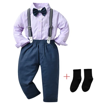 Комплект детской одежды Для мальчиков, рубашка с длинным рукавом-бабочкой + брюки на подтяжках, детский комбинезон, официальный костюм джентльмена, наряд красивого брата
