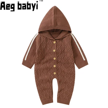 Одежда для маленьких мальчиков и девочек, осенне-зимний комбинезон для новорожденных, вязаные комбинезоны с капюшоном и длинными рукавами для малышей, трикотажная одежда для детей 0-18 м