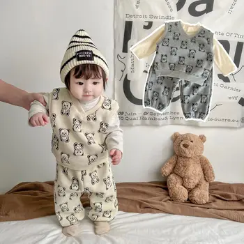 Детский осенний костюм для новорожденных мальчиков и девочек, жилет без рукавов с мультяшным медведем, штаны, комплект из двух предметов