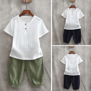 Комплект одежды для маленьких мальчиков, детская летняя футболка с коротким рукавом + брюки, костюм из 2 предметов, комплект детской одежды из льна
