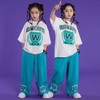 2023 Новая детская одежда для джазовых и современных танцев, свободные футболки, синие брюки, одежда для бальных танцев в стиле хип-хоп для девочек DN15410