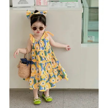 Летнее новое детское платье для девочек, желтое платье на подтяжках в крупный цветок с заколкой для волос