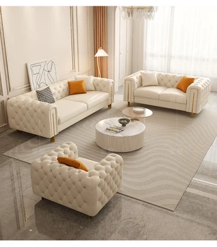Французский легкий диван с роскошной кожаной пряжкой cream wind для гостиной, сочетание мелкого домашнего хозяйства, современный простой дизайн из массива дерева