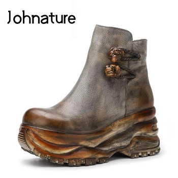 Johnature 2022, Новая зимняя обувь, женские ботильоны из натуральной кожи в стиле ретро с круглым носком, ботинки на танкетке ручной работы, сапоги на платформе и высоком каблуке.