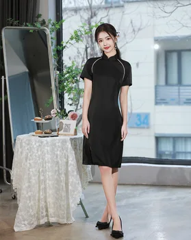 Женские современные винтажные платья с воротником-стойкой из черного атласа, традиционные ципао с коротким рукавом