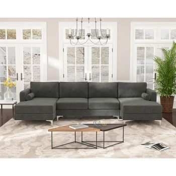 Секционный диван с двумя подушками, U-образный диван с современной элегантной бархатной обивкой для гостиной Квартиры