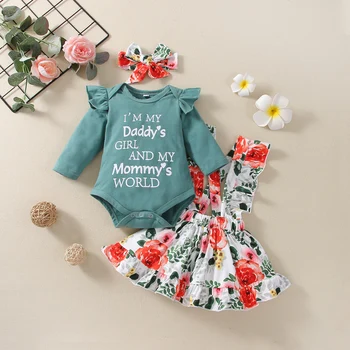 FOCUSNORM/ Комплект одежды из 3 предметов для новорожденных девочек 0-24 м, Комбинезон с рукавами-фонариками, топы, оборки с цветочным принтом, юбка на подтяжках, повязка на голову