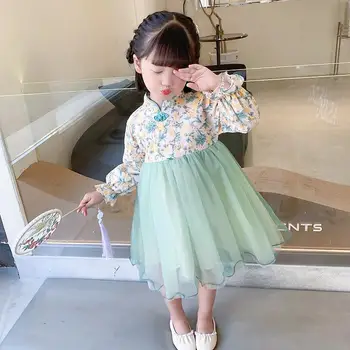 Платье Hanfu Для девочек, Весна и осень 2023, Новое Детское Газовое платье в Китайском стиле, Детское платье принцессы с длинными рукавами Для девочек