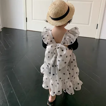 Весеннее модное платье с подтяжками в горошек для девочек 2023 года, детское платье принцессы без банта на спине до середины икры