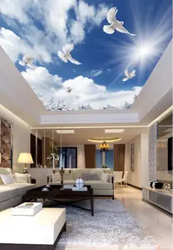 1825 Голубое небо с летящими голубями навстречу солнцу, печать натяжной потолочной пленки для отделки потолка мастерской
