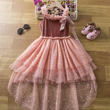 Корейское платье принцессы в розовом смокинге для девочек, Детские платья-слипы из многослойного тюля с блестками для вечеринки по случаю дня рождения, свадебные платья с цветами для девочек