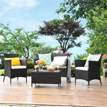 Комплект из 4 частей ротангового дивана со стеклянным столиком и удобной плетеной мебелью для внутреннего дворика